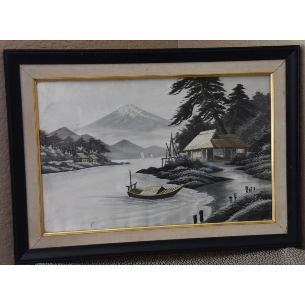 Japanese Landscape Mount Fuji Hand Stitched Silk Embroidery Framed Art